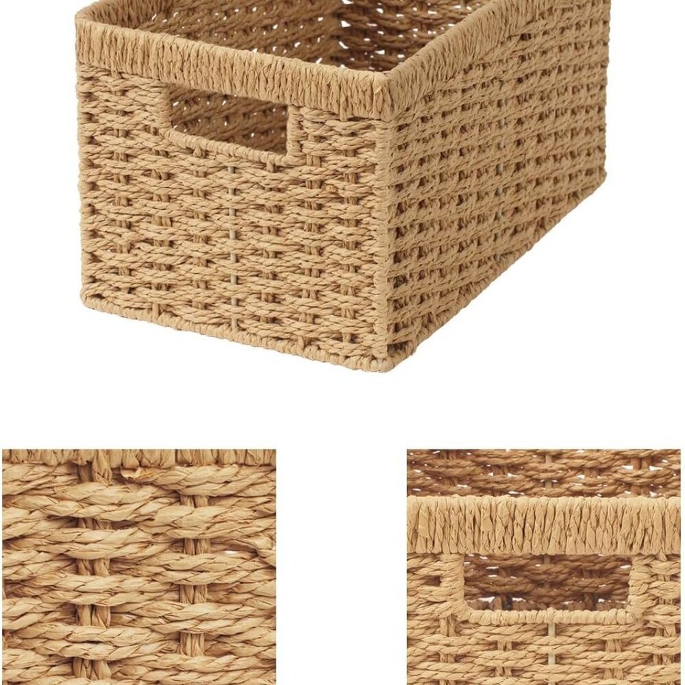 Round Paper Rope Storage Baskets, Rectangular Wicker Baskets with Built-in Handl - Picture 4 of 7